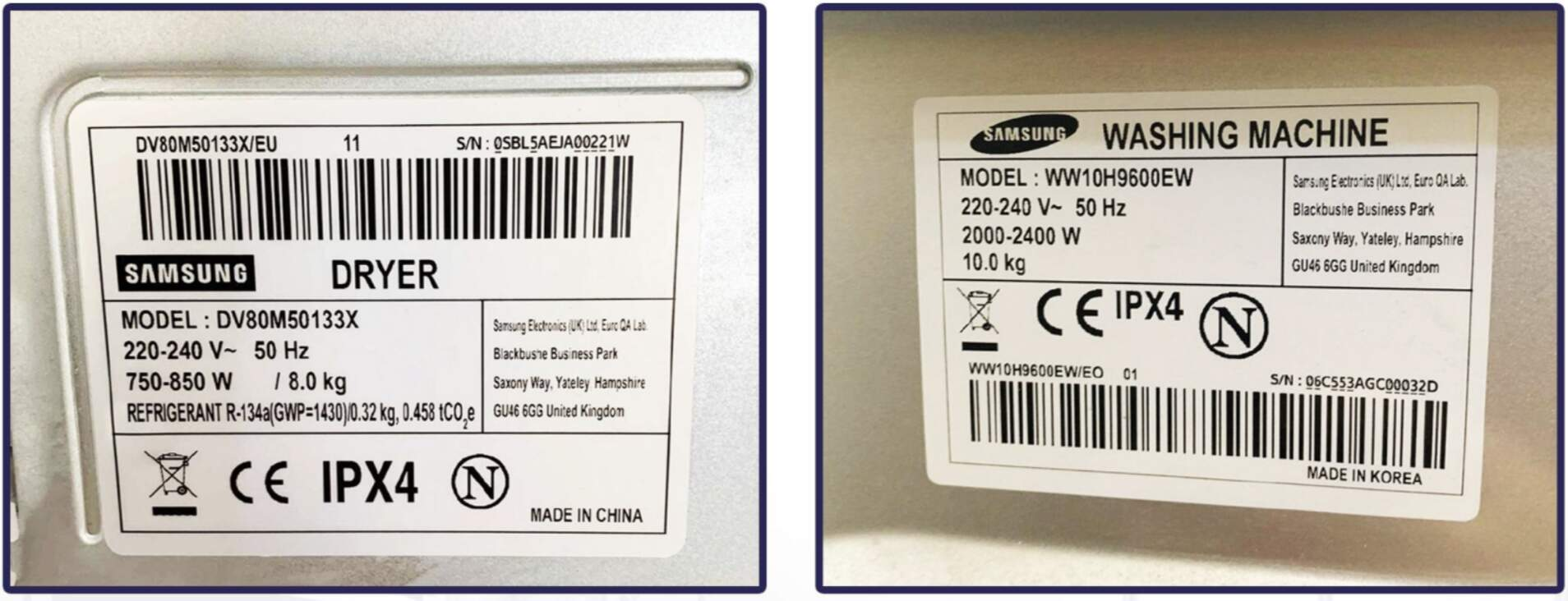 Example Samsung rating plates showing the model variant details required on job cards